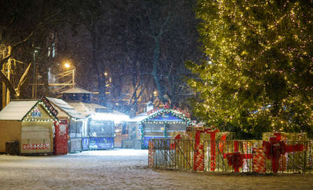 LVIV, UKRAINE - January 14, 2021: Christmas and New Year tree and fair in winterのeditorial素材