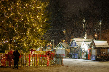 LVIV, UKRAINE - January 14, 2021: Christmas and New Year tree and fair in winterのeditorial素材