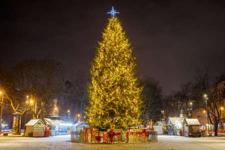 LVIV, UKRAINE - January 14, 2021: Christmas and New Year tree and fair in winterのeditorial素材