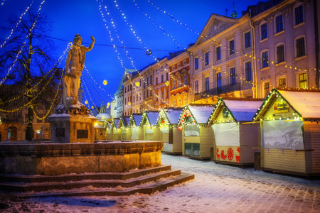 LVIV, UKRAINE - January 14, 2021: Christmas and New Year tree and fair in winterのeditorial素材