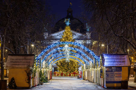 LVIV, UKRAINE - January 14, 2021: Christmas and New Year tree and fair in winterのeditorial素材