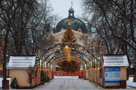 LVIV, UKRAINE - January 14, 2021: Christmas and New Year tree and fair in winterのeditorial素材
