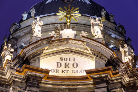 LVIV, UKRAINE - January 17, 2021: Dominican Cathedral at night and in winterのeditorial素材