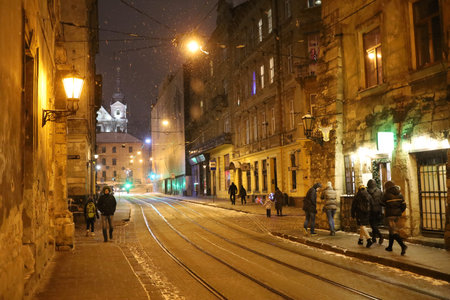 LVIV, UKRAINE - January 17, 2021: Ancient city at nightのeditorial素材
