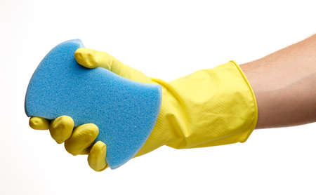 Blue sponge in the hand of a worker on a white background isolate