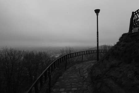 High Castle Mountain in Lviv on a foggy morning