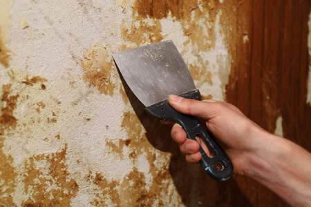 Repair in the apartment tearing off the old wallpaper with a spatulaの写真素材