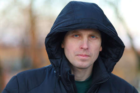 Middle-aged white european man winter close-up portraitの写真素材