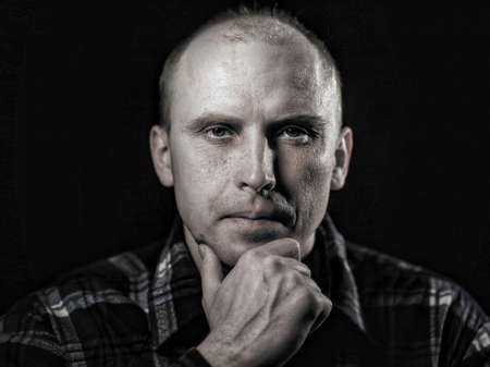 Courageous man confident and strong BW closeupの写真素材