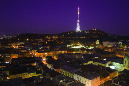 Night European beautiful city Lviv panoramaの写真素材