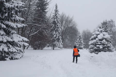 Cleaner in overalls in winter in a city parkの写真素材