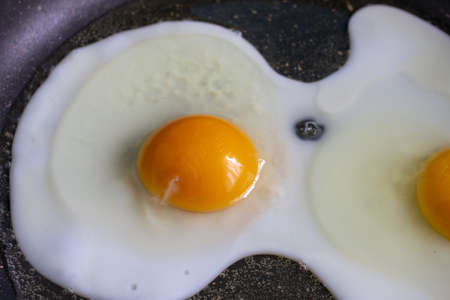 Fried eggs are cooked in a frying panの写真素材