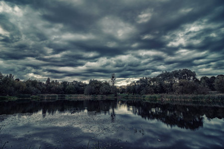 Beautiful lake on a cloudy summer dayの写真素材