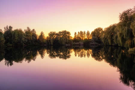 Landscape lake during beautiful sunsetの写真素材