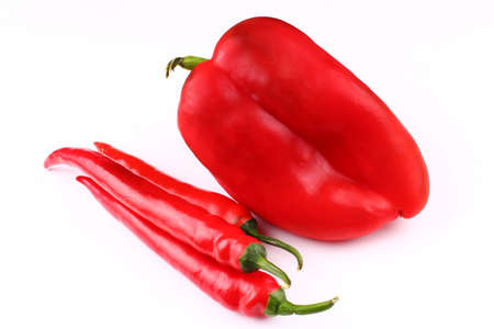 Red hot chili peppers and sweet on white isolate backgroundの写真素材