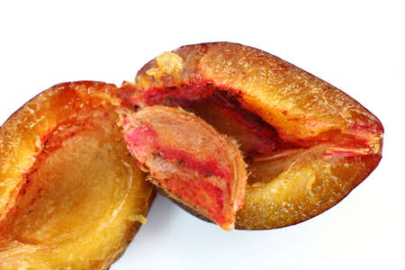 Plums are affected by a worm pest closeupの写真素材