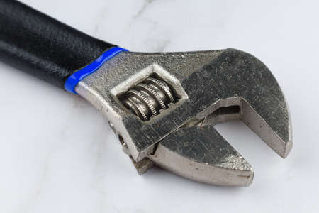 Adjustable wrench close-up. Metal hand tools.の写真素材