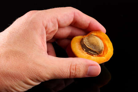 Apricot with a stone on a black background close-upの写真素材