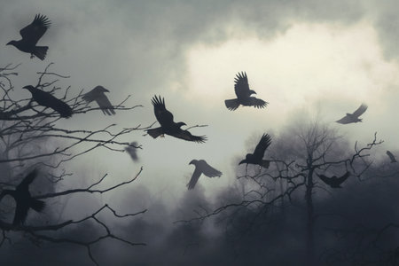 Many crows and tree branches at night. Neural network generate artの素材