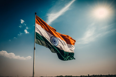 Flag of India on sunny sky. Neural network generate artの素材