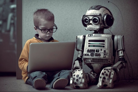 digital era. The child is sitting with the computer. AI generated.の素材