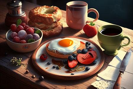 Breakfasts and brunches. AI generated.の素材