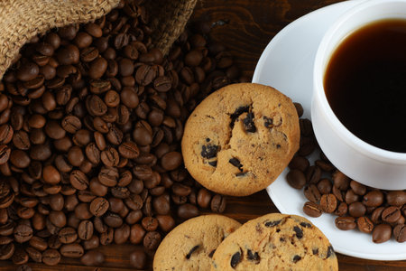 Cup of coffee and chocolate chip cookiesの写真素材