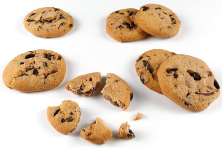 Cookies with pieces of chocolate on a white background isolateの写真素材