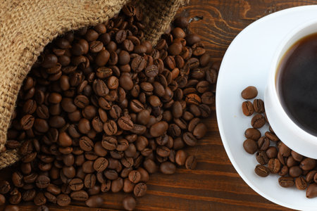 sack bag with roasted coffee beansの写真素材