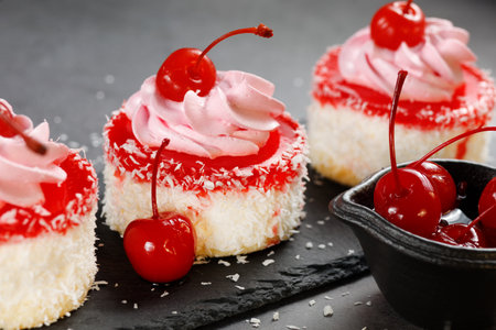 Cake with cherry. homemade cherry sponge cakeの写真素材