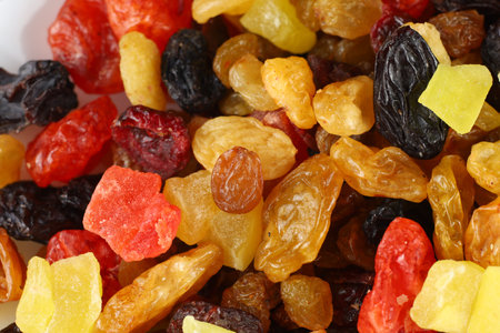 Dried fruits and candied fruits background. Raisins, candied fruit and dried cherries.の写真素材