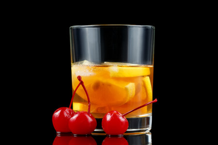 Lemon cocktail with cherry, honey and ice. Iced drinks. Refreshing summer cocktail with cherryの写真素材