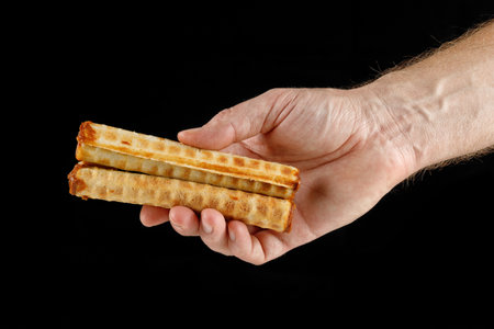 Waffle tubes with filling. Homemade pastries with condensed milk.の写真素材