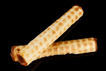 Waffle tubes with filling. Homemade pastries with condensed milk.の写真素材