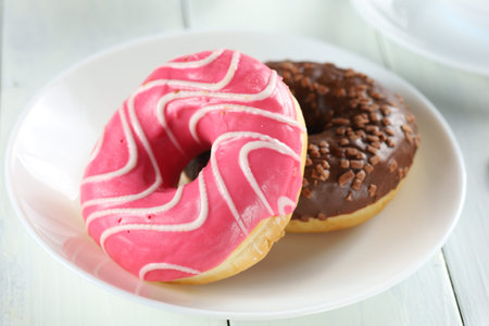 Donuts on a plate. Delicious sweet breakfast.の写真素材