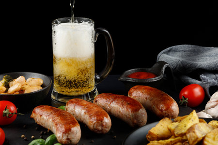 Sausages with beer. Fried anchovies and delicious food with beer. Grilled sausages with glass of beer on wooden tableの写真素材
