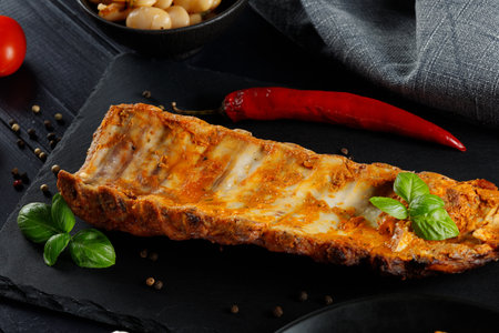 Baked ribs with basil and spices. Grilled pork ribsの写真素材