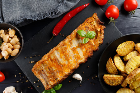 Fried ribs with tomatoes, potatoes and basil.の写真素材