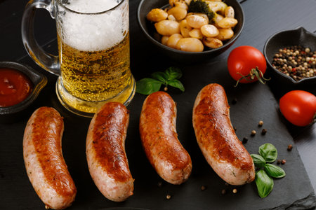 Sausages with beer. Fried anchovies and delicious food with beer.の写真素材
