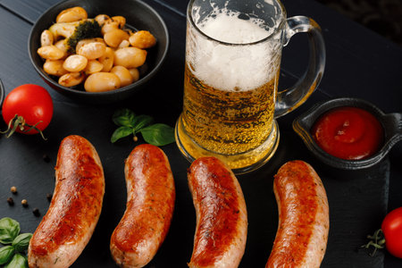 Sausages with beer. Fried anchovies and delicious food with beer. Fresh beer with sausageの写真素材