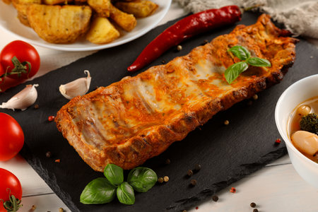 half rack of barbecue pork ribs with fries potatoesの写真素材