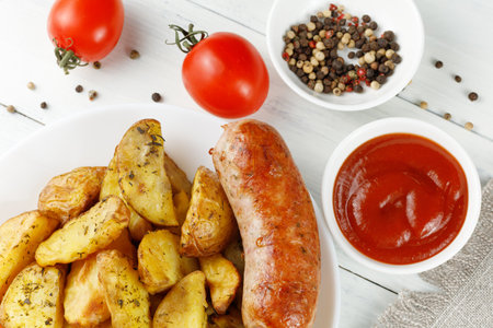 Sausages, fried potatoes and ketchup. Tasty food. Hearty lunch.の写真素材