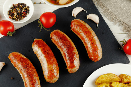 Fried sausages in a restaurant. Tasty and hearty meat dish.の写真素材