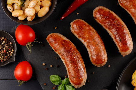 Sausages fried with spices and herbsの写真素材
