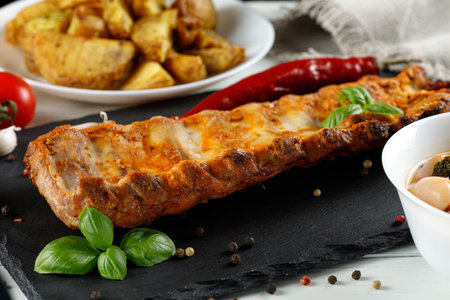 half rack of barbecue pork ribs with fries potatoesの写真素材