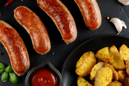 Delicious fried sausages with sauce. Grilled sausages with ketchup and potatoesの写真素材