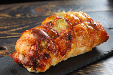 boneless meat roulade on a dark wooden table. Meat roll close-up.の写真素材