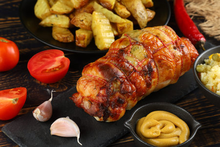 boneless meat roulade with seasonings and garnish.の写真素材