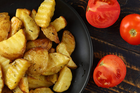 Fried potatoes in a black plate. Homemade fried potatoes with tomatoesの写真素材