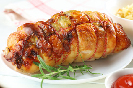 boneless meat roulade on the table. Delicious food in the restaurant.の写真素材